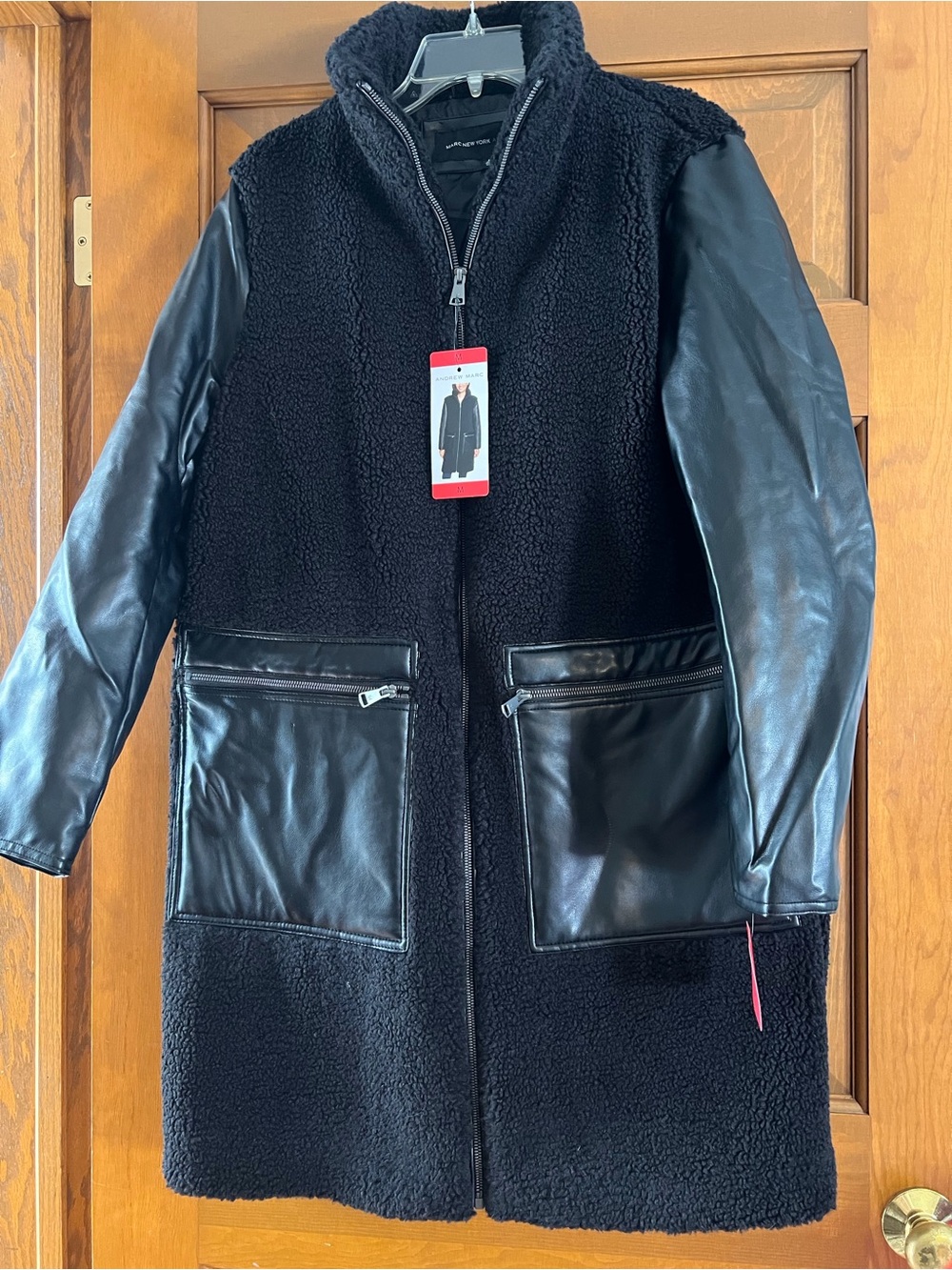 Andrew Marc Black Sherpa Coat with faux Leather Sleeves and Pockets